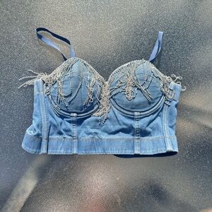 Denim and Rhinestone Corset Crop Top